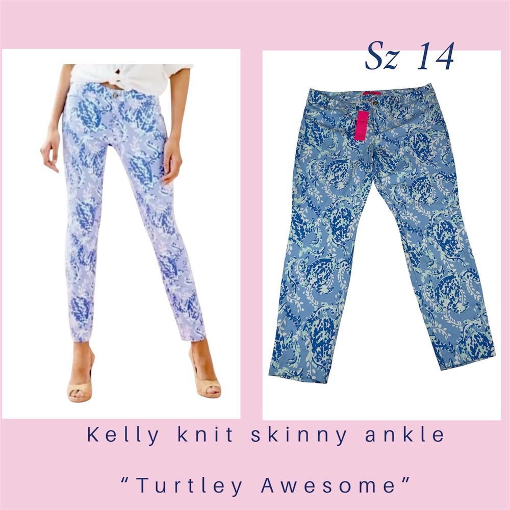 NWT Lilly Pulitzer 14 Kelly Knit Skinny Ankle Pants Blue‎ Peri Turtley Awesome